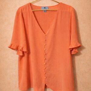 CeCe Vibrant Coral Pink Button-Front Blouse